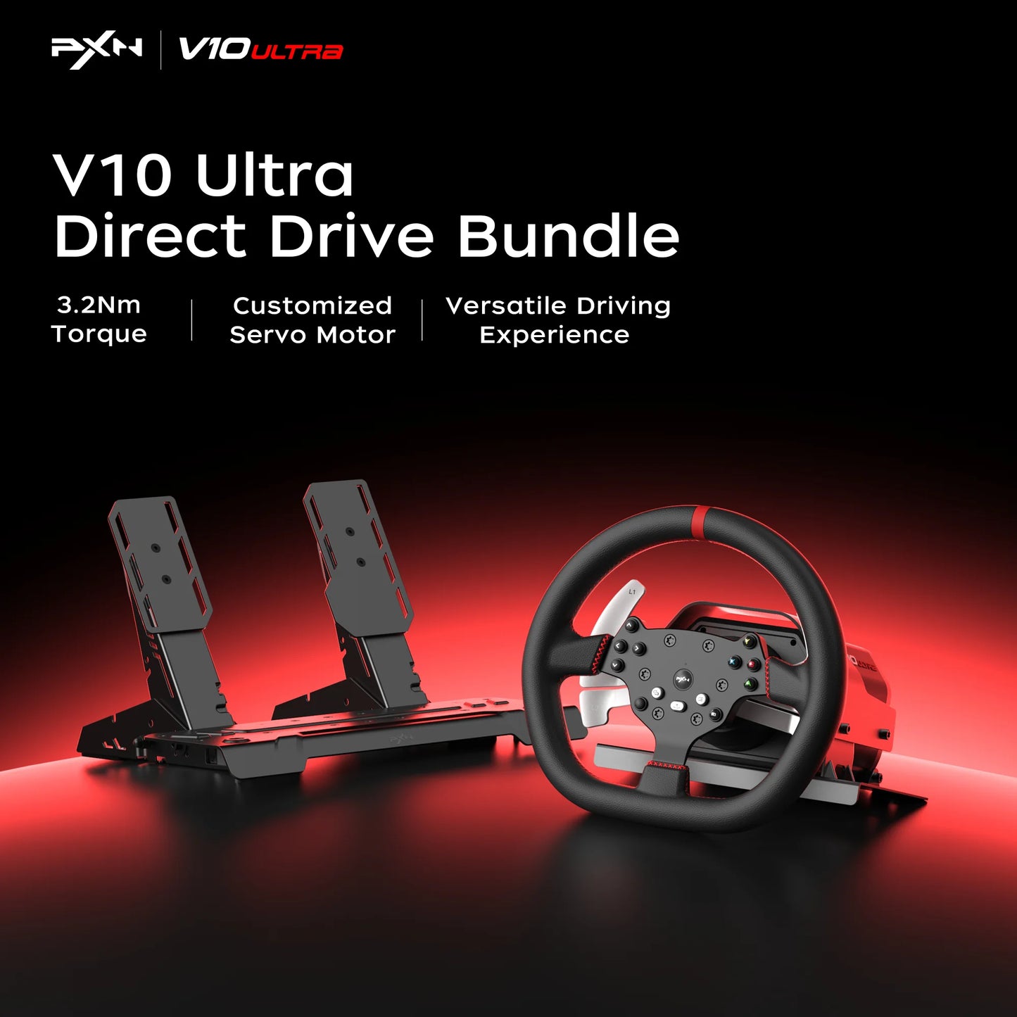 PXN V10 Ultra Direct Drive Racing Wheel for PC/PS4/Xbox, 3.2Nm Force Feedback, 4 Paddles, Hall 2-Pedal, APP Support