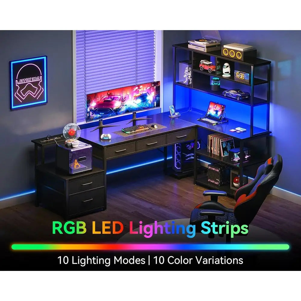 79 inch L Shaped Desk with 5 drawers, Reversible L Shaped Gaming Desk with LED Light & 2 Power Outlets, Computer Desk with Storage