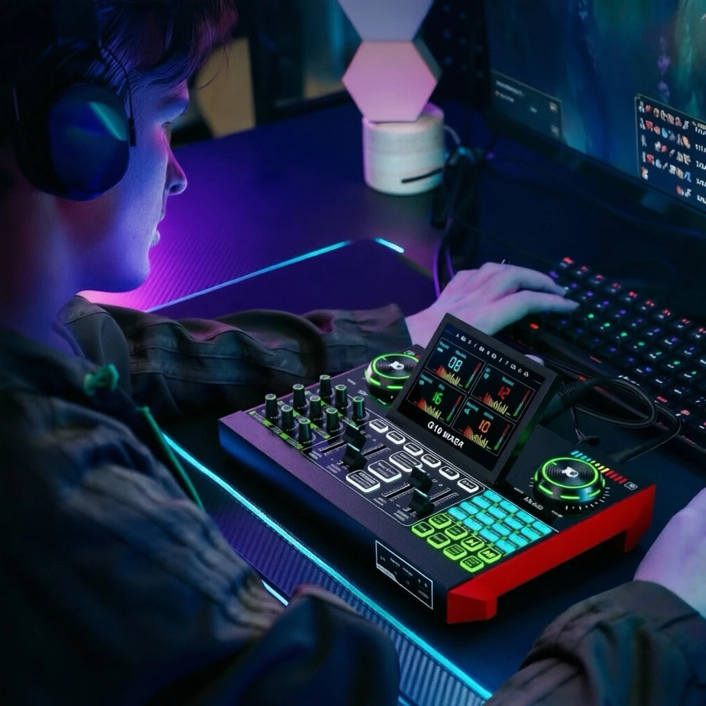 A person wearing headphones sits at a desk using a DJ controller with a touchscreen display, knobs, and illuminated green pads, alongside a keyboard and computer monitor in a dimly lit gaming setup.
