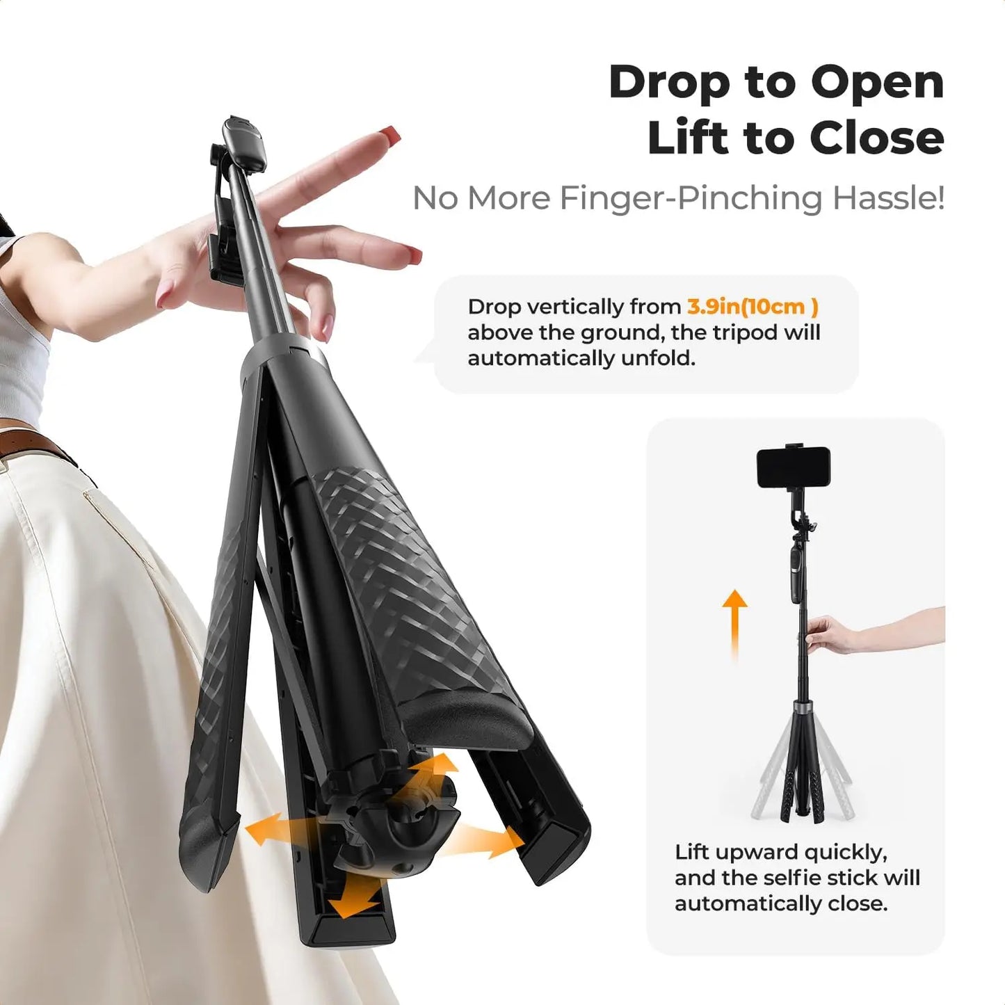 71" Phone Tripod, Auto Open Selfie Stick with 4 Legs & Stabilizing Handle, 360° Rotation Cell Phone Stand with Remote for iPhone
