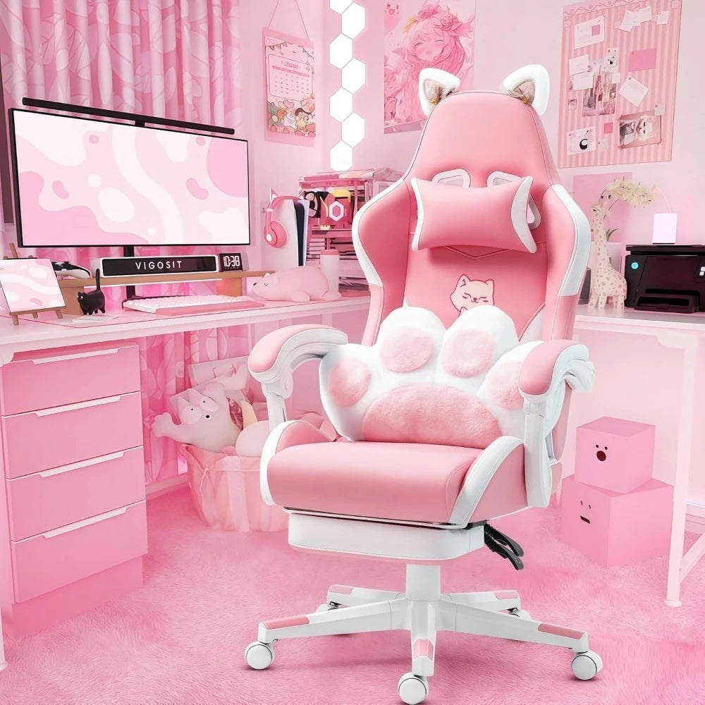 Cat, Dog, Cow Theme Gaming. Chair - Pink, Blue, Green , White PU Leather Ergonomic Reclining Office Chair with Footrest, 310lb Capacity, 6-Position, Customized Available in Multiple Colors.
